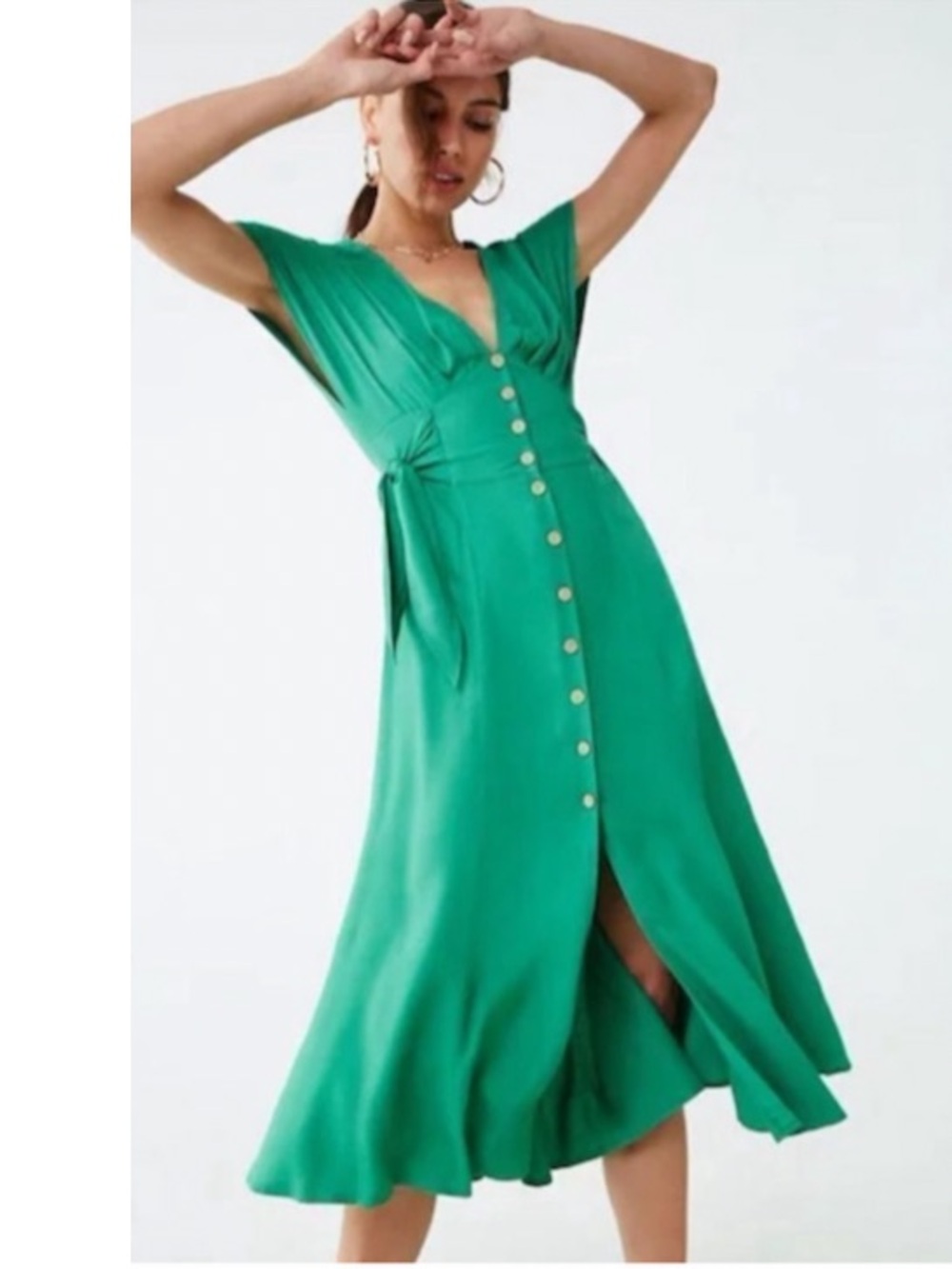 Forever 21 Button Front Side Tie MIDI Grass Green Dress S Whimsy Garden Party